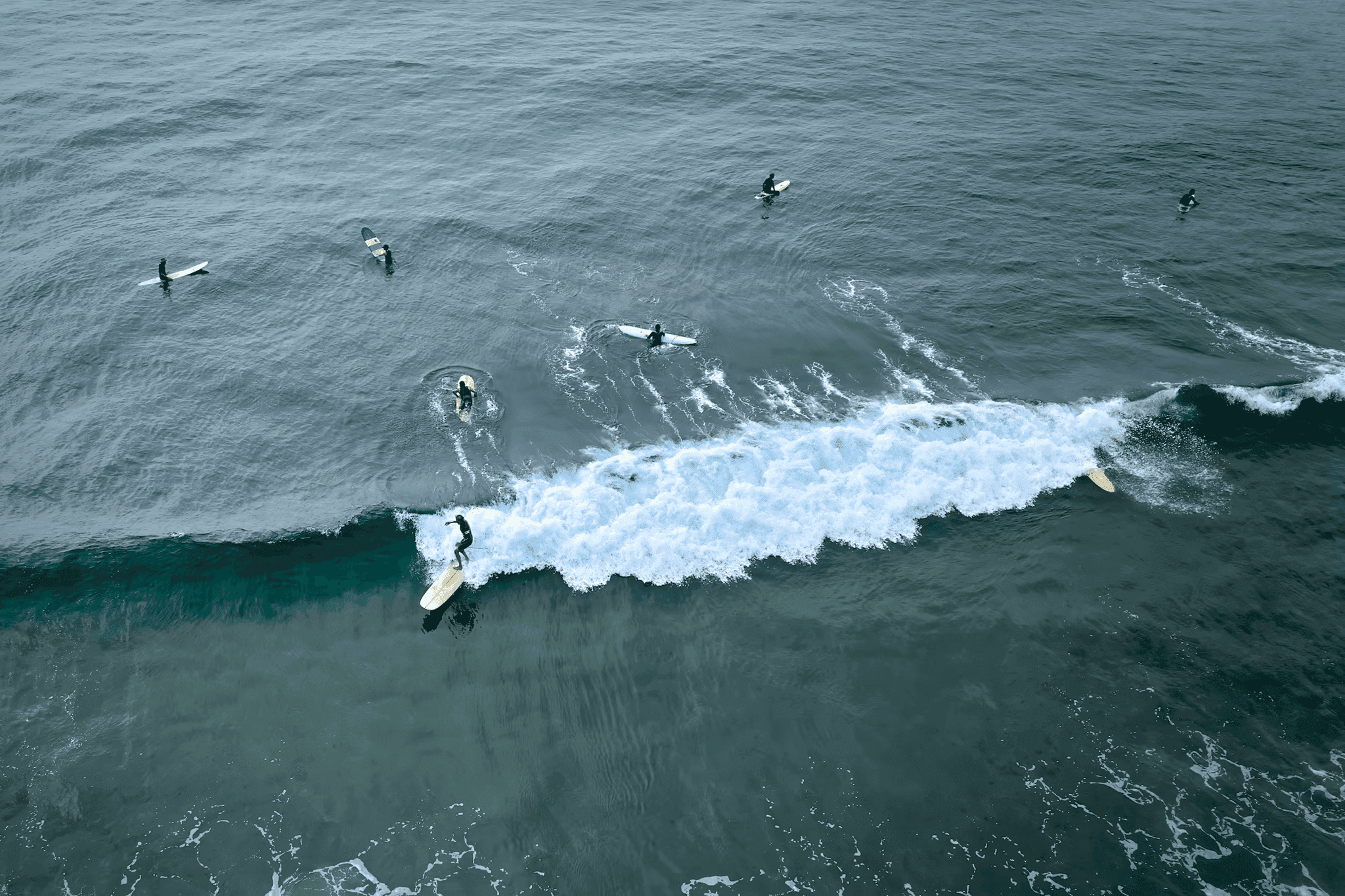 Aerial view of surfers in the Atlantic ocean